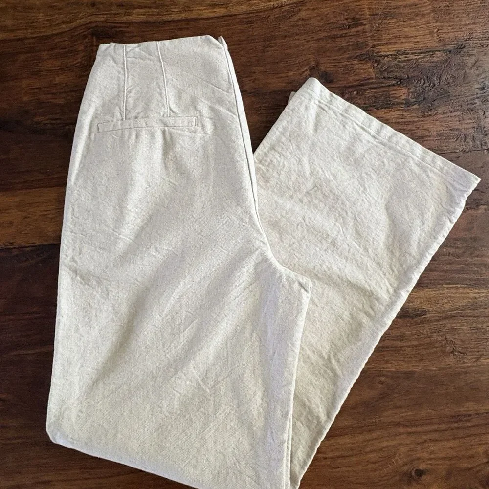 Zara Women Barrrel Leg Pants Cream Cotton Linen Blend Beach Casual Sz XS